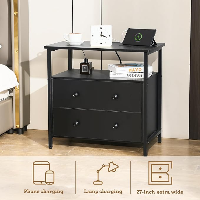 Edbuosy 27 inch Wide Night Stand with Charging Station, Bedside Table with Open Shelf, 2 Drawers Small Wood Dresser, Modern Wood Nightstand for Bedroom/Living Room (Black)