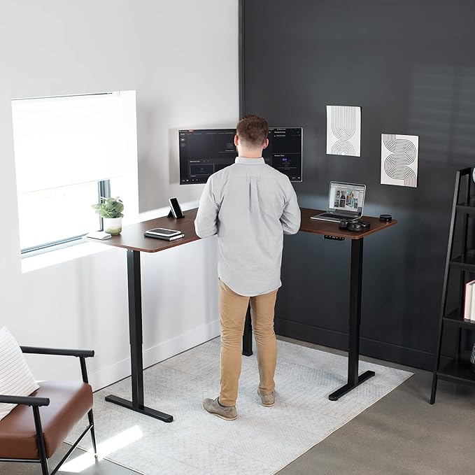 VIVO Electric Corner 63 x 55 inch L-Shaped Standing Desk, Memory Height Adjustment, Dark Walnut Top Black Frame, DESK-E3CTD