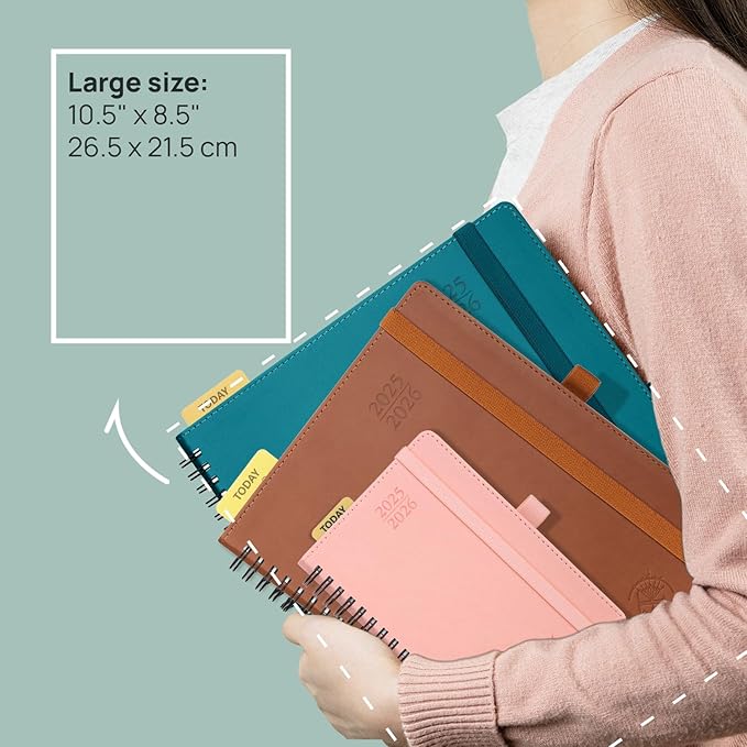 POPRUN Planner 2025-2026 (Large - 8.5'' x 10.5'') Academic Weekly Calendar (July 2025 - June 2026) with Hourly Time Slots, Monthly Tabs, 100GSM Thick Papers, Spiral Leather Cover - Burgundy Red