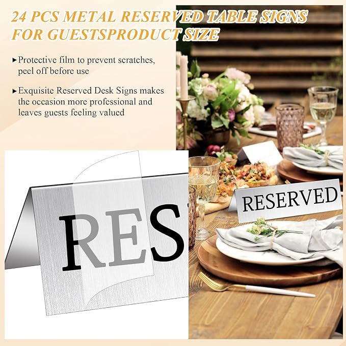 Aemygo 24 Pcs Metal Reserved Table Signs, Silver Table Top Reserved Sign for Restaurants, Double Sided Tent Guest Reservation Table Seat Sign for Wedding, Party, Ceremony, Events(5.91" x 3.15")