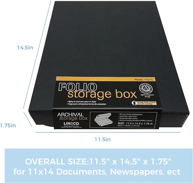 Lineco Folio Storage Box, Clamshell Design, 9.5x12.5x1.75 Inches, Archival Boxboard, Preserve Photos, Cards, Magazines, Documents, Art, Ephemera, Family Records, Black, Pack of 1