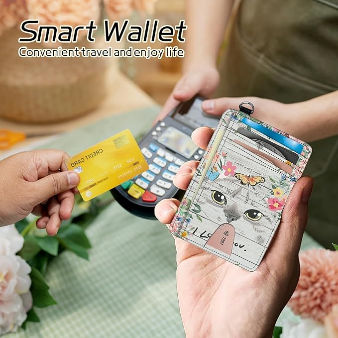 BWEGRHE Small Travel Wallets, Cat Flowers Slim Minimalist Front Pocket Wallet with Wristlet, RFID Blocking PU Leather Credit Card Holder with ID Window Change Purse for Men Women