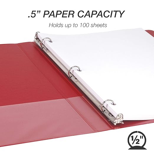 Samsill 0.5 Inch 3 Ring Binders, Made in USA, Economy Round Ring, Clear View Cover, 100 Sheet Capacity - for School, Home, Office - Red, 12 Pack