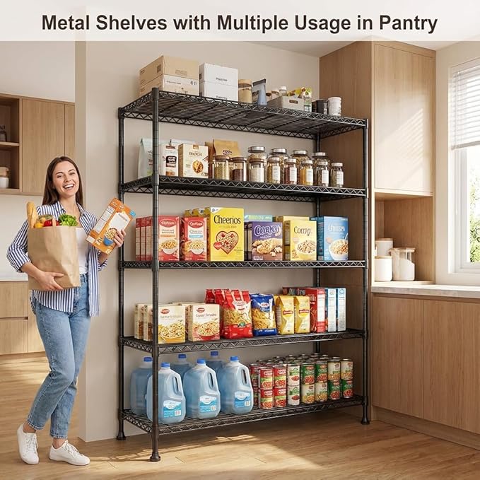 REIBII 45.8“W Metal Shelving Storage Shelves, 5-Tier Wire Shelving Unit,Heavy Duty Garage Shelving, Adjustable Storage Rack for Pantry Kitchen Dining Room Restaurant Supermarket Commercial Black