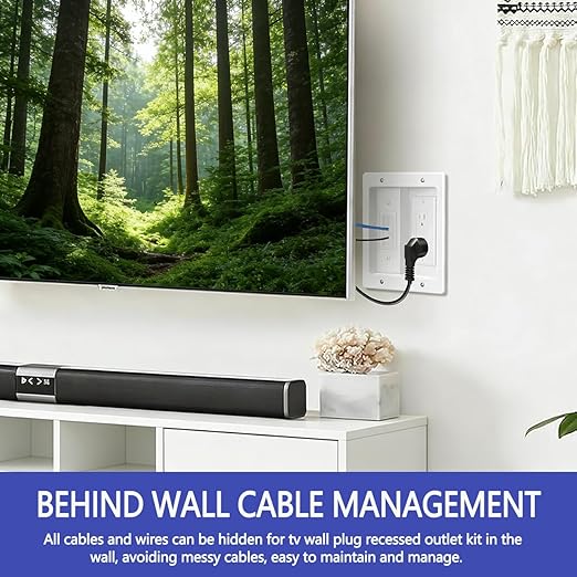 Wall Cable Concealer Management Kit, Recessed Outlet Behind TV for Wall Mount TV with Cable Management Box, in Wall TV Connection Kit Hides Power Cables & Low Voltage Wires Fits All Plugs (NO Wire)