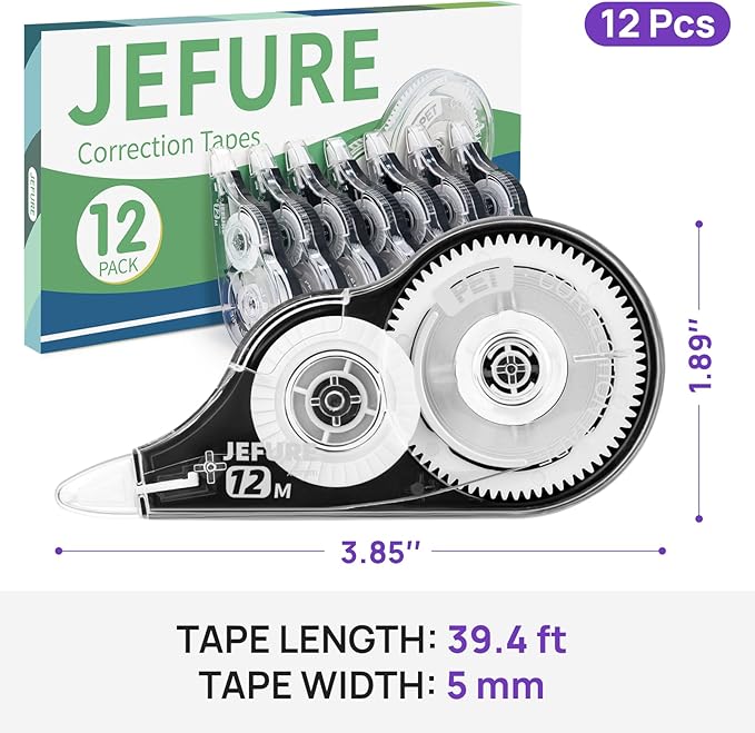 JEFURE 12 Pcs Correction Tape, 39.37 Ft White Wrong Out Tear-Resistant Bulk, Instant Corrections Easy to Use Applicator for School, Office, Note Taking, Journal (Tape Width 0.2 in，Clear)