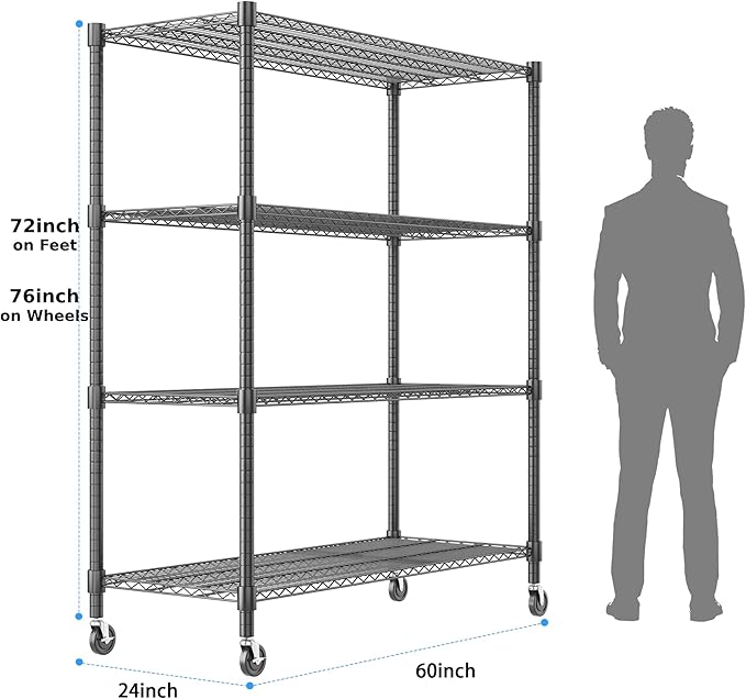 Homdox 60”W Storage Shelves, 4 Tier Heavy Duty Wire Shelving Unit with Wheels, 2400LBS Commercial Adjustable Metal Shelves for Storage, Garage Rack Pantry Shelves Kitchen Shelving, 24"x60"x72", Black
