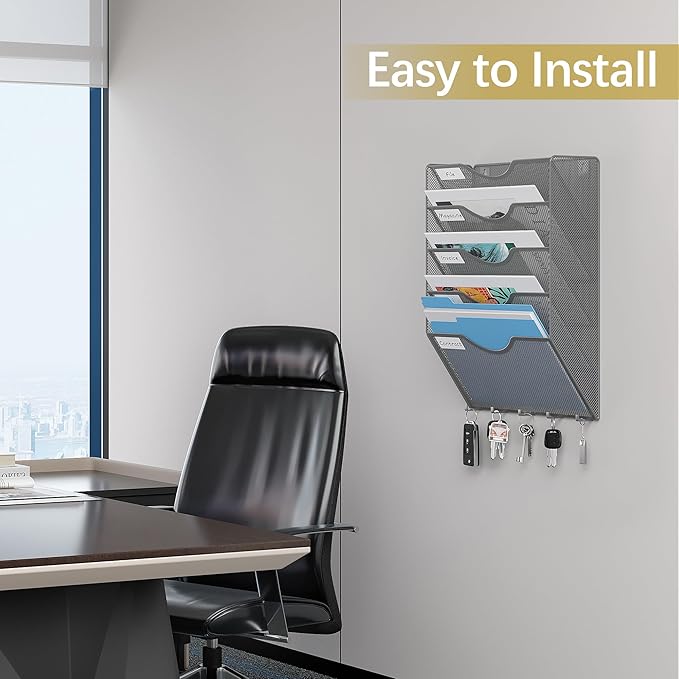 EasyPAG Hanging Wall File Organizer with Key Hooks, 5 Pocket Wall Mounted Mail Organizer, Vertical Folder Holder with Nametag Label, Paper Storage Magazine Rack for Office Home School, Silver
