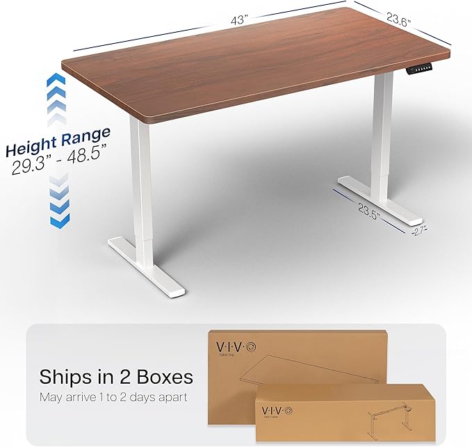 VIVO Electric 43 x 24 in Standing Desk, Memory Height Adjustment, 1B Series, Holds 220 lbs, One-Piece Dark Walnut Top, White Frame, DESK-KIT-1W4D