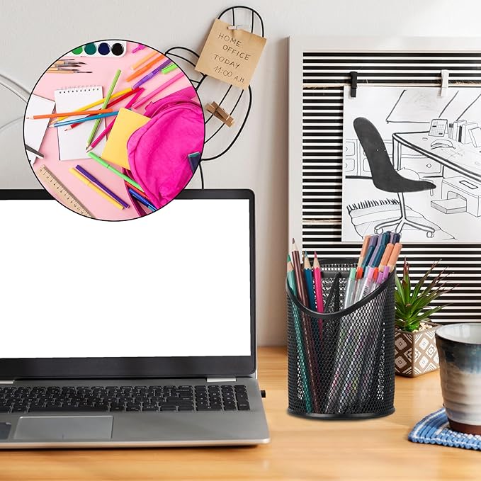 Delifox 2 Pack Pen Holder Mesh Round Pencil Holder Desktop Organizer 3 Compartments, Black