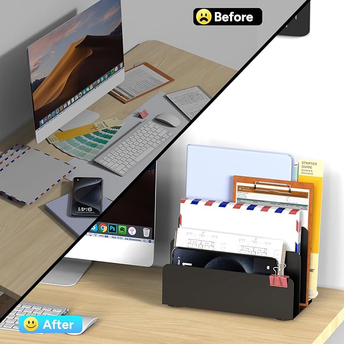 OUTIOE Mail Organizer Countertop, Small Desk File Organizer, Metal File Holder - Essential Workspace Organizers for Office Desk, Home Office (Black)