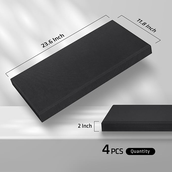 UMIACOUSTICS 4 PCS Acoustic Panels with Hanging Bracket, 2” Thick Fiberglass Sound Proof Panels Removable for Studios, Office, Home Theater Ceiling or Wall- Black
