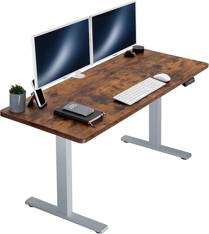 VIVO Electric 60 x 24 in Rustic Standing Desk, Memory Height Adjustment, 1B Series, Holds 220 lbs, One-Piece Vintage Brown Top, Gray Frame, DESK-KIT-1G6N