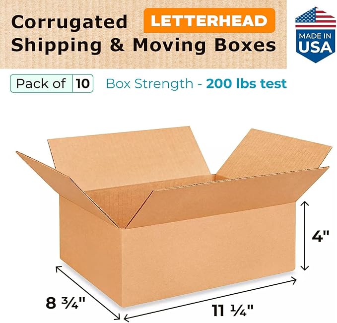 IDL Packaging - B-1184-10 11 1/4"L x 8 3/4"W x 4"H Letterhead Cardboard Box (Pack of 10) for Moving, Shipping or Storage, Made in USA, 100% Recyclable, Brown. Packaging Boxes for USPS, UPS, FedEx Shipping