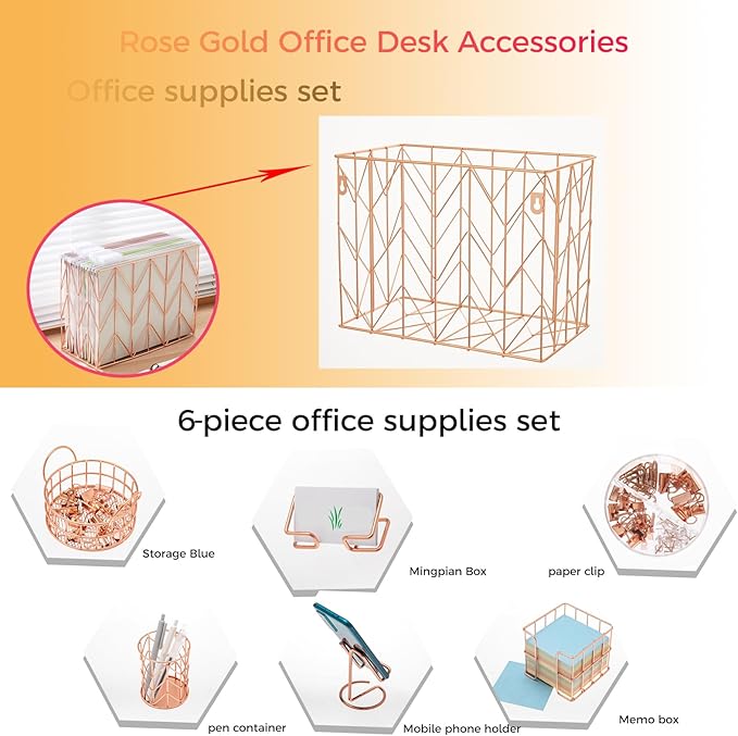 Fei Bi Hanging Rose Gold File Organizer, equipped with a 6-piece set of rose gold desktop accessories