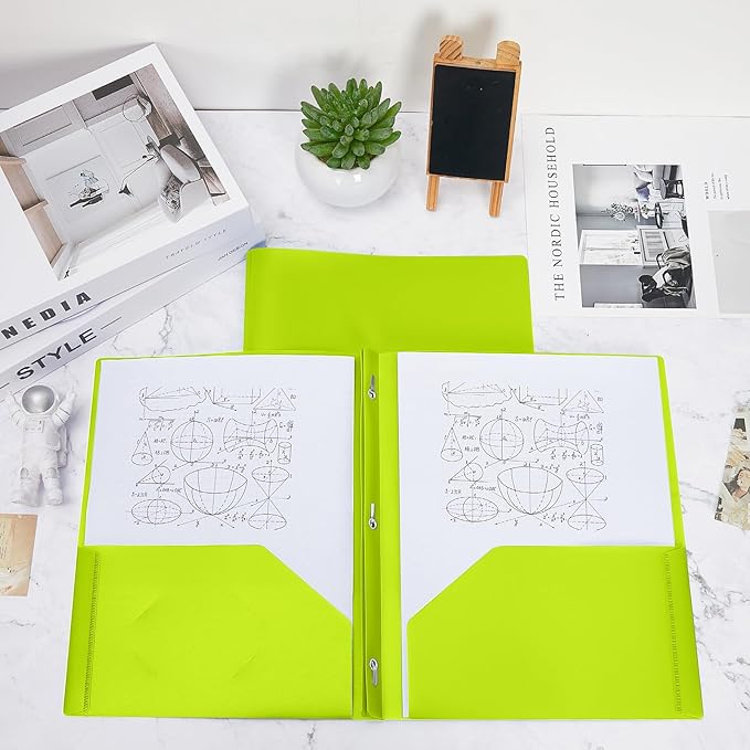 Lincia 100 Pcs Plastic Folders with Pockets and Prong Folders with Prongs 2 Pockets for Office, School for Students, Teachers, Office Workers(Fluorescent Green)