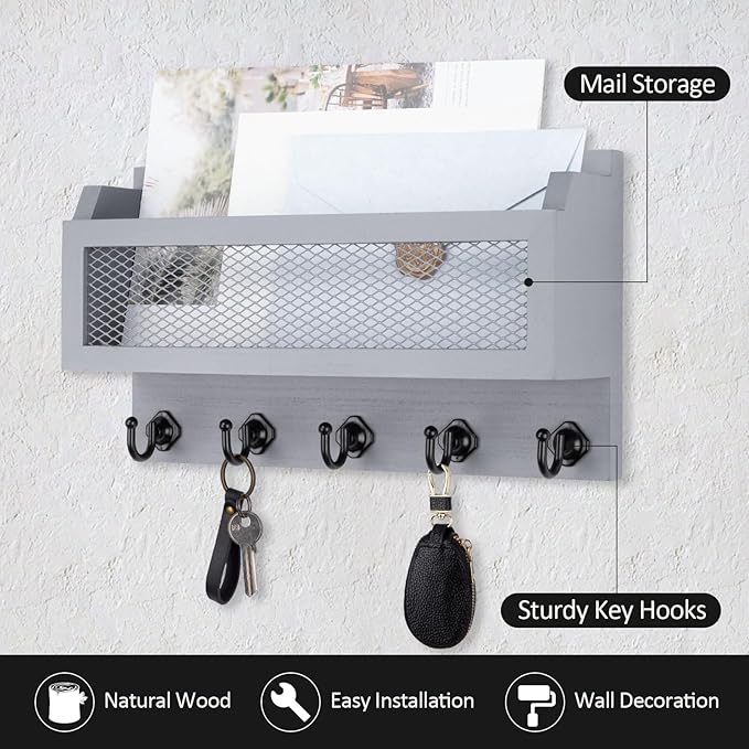 Nekon Mail and Key Holder for Wall Decorative, 11 Inch Wooden Wall Key Organizer with 5 Key Hooks, Wall Mount Storage Shelf for Entryway Hallway (Gray)