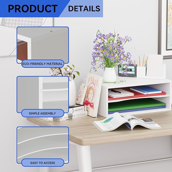 GDINDINFAN Wood Desktop Letter Tray File Organizer, Paper Storage Mail Sorter with Adjustable Drawer Boards for Home and Office, White