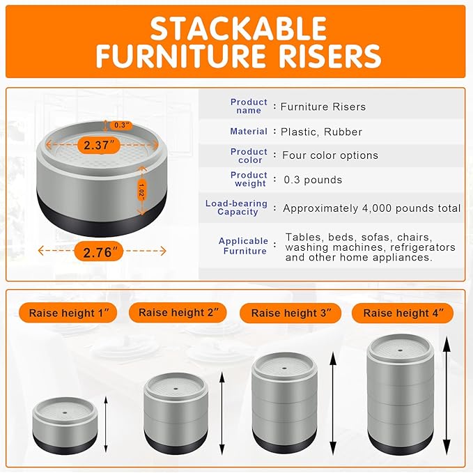 Furniture Risers Bed Risers Heavy Duty 1 inch, 2 inch, 3 inch, 4 inch Round Adjustable Bed Lifts Riser for Desk Legs Table Couch Sofa Chair Refrigerator Washing Machine (1+1 Inch, Gray, 4 Pack )