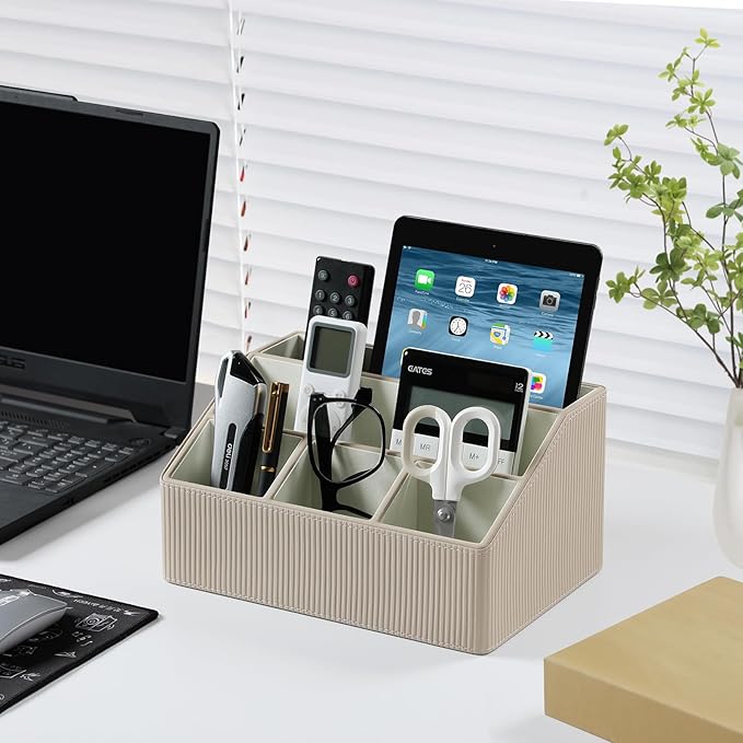 Cretkhp Remote Control Holder with 5 Compartments for Office Art Supplies, PU Leather Nightstand Organizer Pencil Pen Desk Caddy for Home, Desktop TV Remote Control Organizer Storage (Striped Beige)