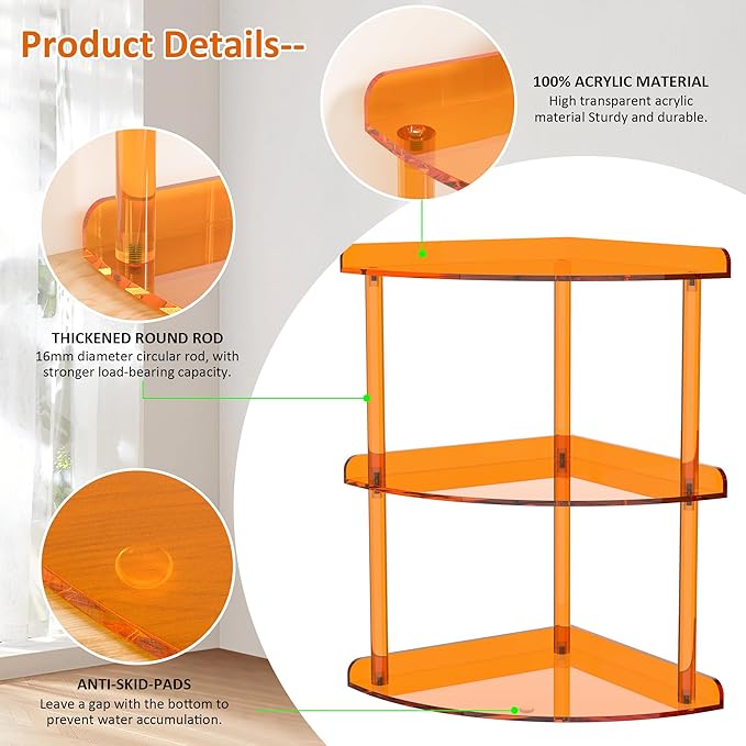 Sezanrpt 3 Tier Acrylic Corner Shelf Organizer Storage 9.5x9.5x15.7 Inch, Orange Countertop Corner Shelf for Bathroom, Kitchen, Bedroom, Office, Study Room