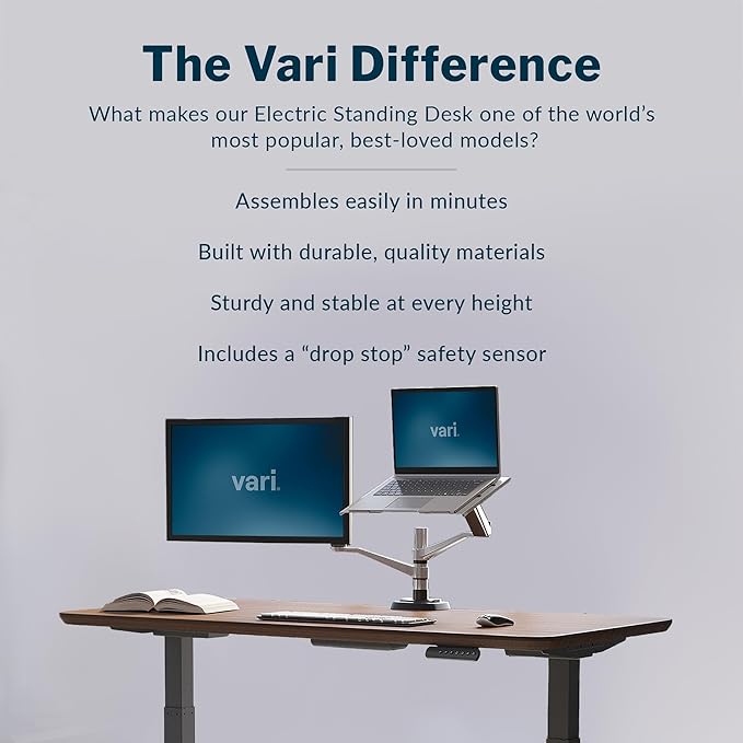 Vari Electric Standing Desk - 60x30 VariDesk, Adjustable Height Stand Up Computer Desk - Dual Motor with Memory Presets, Stable T-Style Legs- Home Office Essentials - Walnut