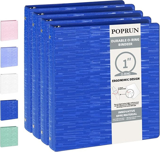 POPRUN 3 Ring Binder 1 Inch, PVC-Free, Holds 175 Sheets of 8.5 x 11 Paper, Extra Durable Organizer with 2 Pockets for School & Office, Heavy-Duty, 4 Pack, Prussian Blue
