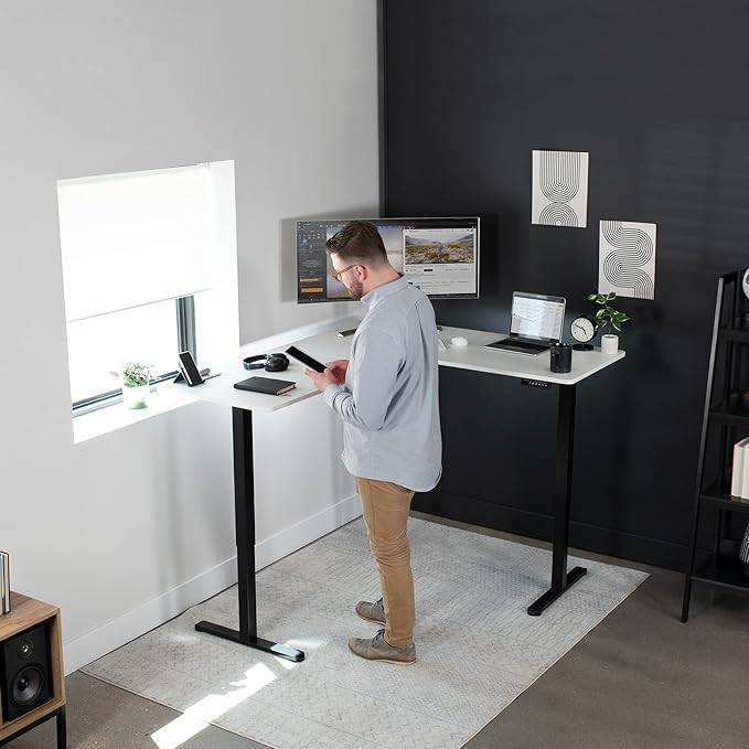 VIVO Electric Corner 63 x 55 inch L-Shaped Standing Desk, Memory Height Adjustment, White Top Black Frame, DESK-E3CTBW