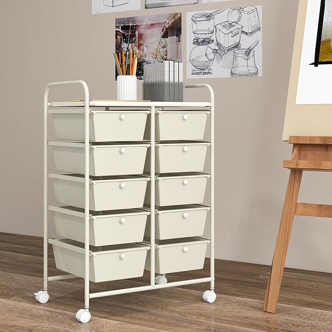 GOFLAME 10-Drawer Rolling Storage Cart, Art Craft Storage Organizer on Wheels, Multipurpose Movable Utility Cart for School, Office and Home, Ivory