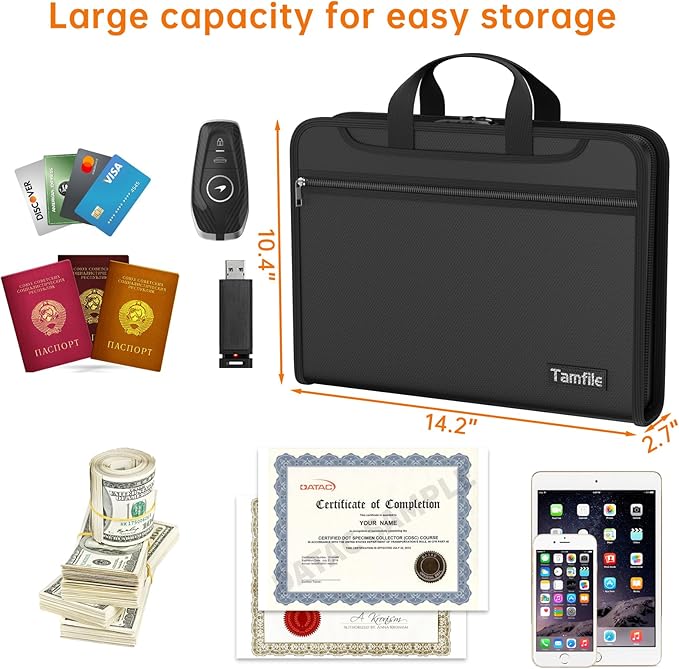 5200℉ Fireproof Accordion File Organizer with Lock, Thickened Document Organizer 13 Pocket with Zipper & Labels, Important Document Organizer, Expanding File Folder with Handle for Letter A4 (Black)