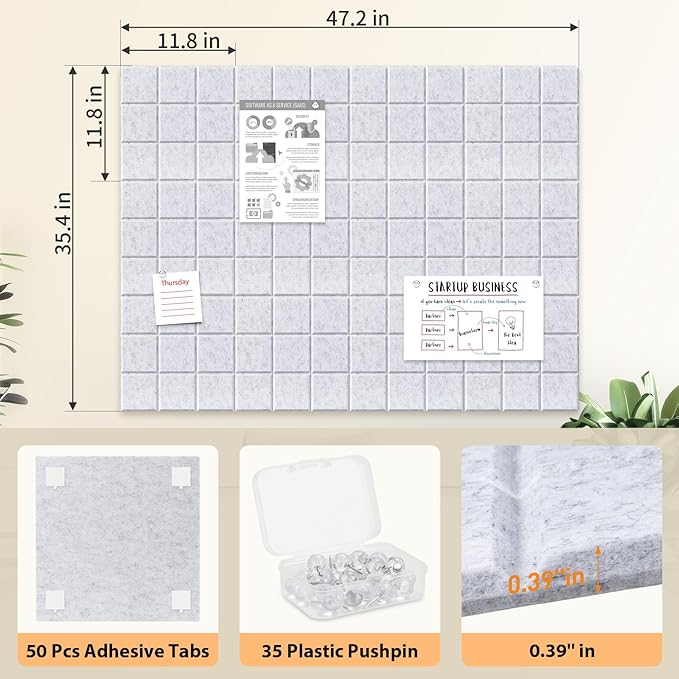 Smarpau Cork Board 48"X36", 12 Pack Nine-Grid Felt Bulletin Boards, Small Pin Board with Removable Adhesive Tabs Pushpins, Cork Wall Tiles for Office Home Classroom Decor -Grey