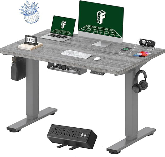 FLEXISPOT EN2 Whole-Piece Standing Desk with Clamp Power Strip, 48 x 30 Electric Stand Up Height Adjustable Desk with Cable Management (Gray Frame + 48" Gray Wood Grain Desktop, 2 Packages)