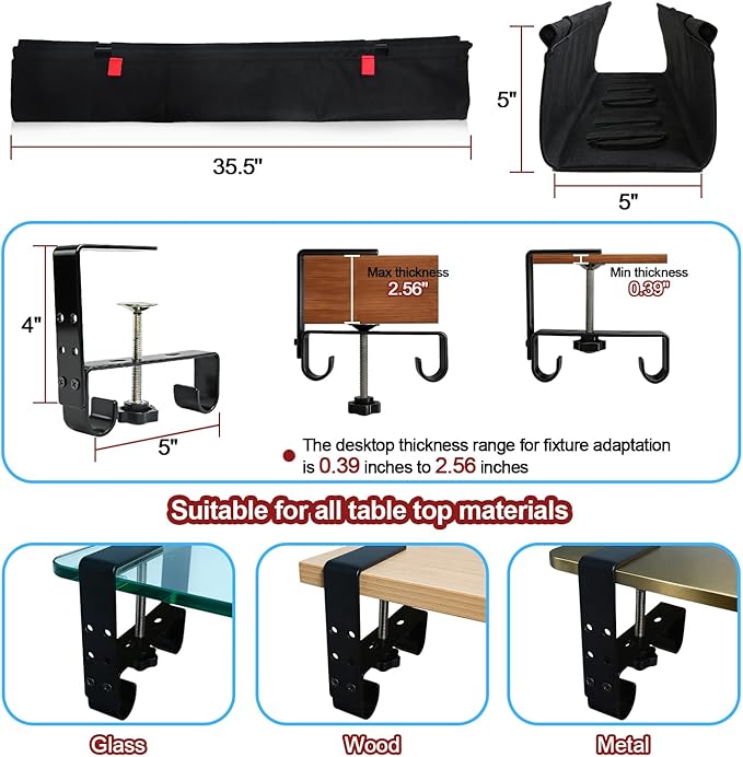Under Desk Cable Management Tray, 36" Cord Organizer for Table, Clamp/Screw Mount Desk Cable Management, Premium Fabric Cable Management Tray for Office, Home