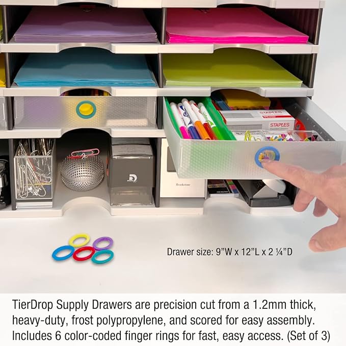 Desktop Organizer 12 Letter Tray Sorter Plus Riser Storage Base & 3 Supply Drawers - Ultimate Office TierDrop Desktop Organizer Stores All of Your Documents & Supplies in One Compact Modular System