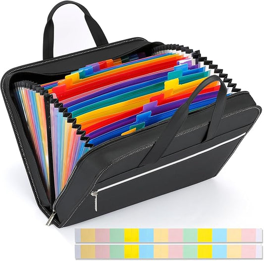 SEEKIND PU Leather Accordian File Organizer 26 Pockets, Expanding File Folder with Handle, Portable Document Organizer Accordion File Keeper for Letter Size / A4 File, for Office, School-Black
