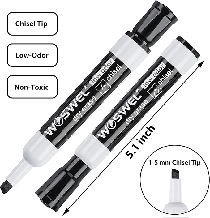 WOSWEL Dry Erase Markers Bulk, Chisel Tip Whiteboard Markers, Low Odor Thick Dry Markers, 100 Black Color for Teachers, Classroom, Office & Home Use