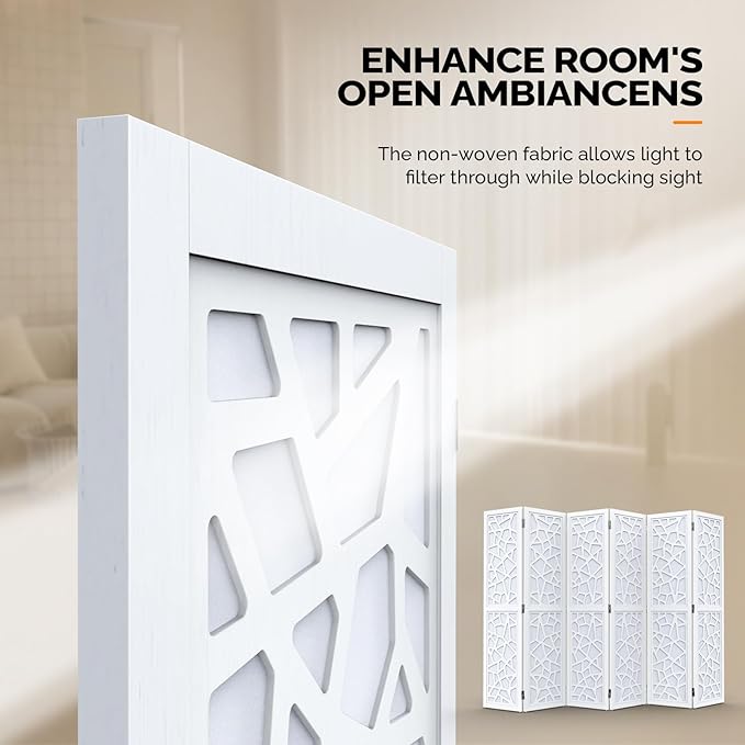 VINGLI 70'' H Room Divider, Non-Woven Fabric Privacy Screen, Indoor Partition Wall Dividers, Freestanding Hinged Space Separator with Modern Unique Pattern (White, 6 Panel)