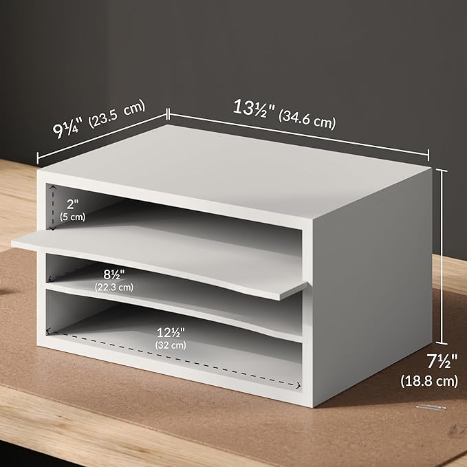 Ballucci Paper Organizer, 3-Tier Stackable Wood Desk Organizer, Document File Organizer and Mail Sorter with Adjustable Storage Shelves, White
