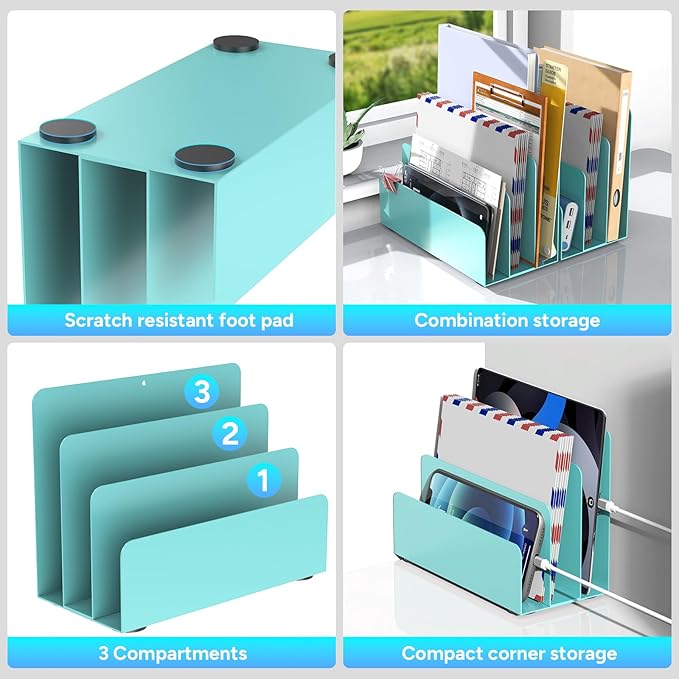 OUTIOE Mail Organizer Countertop, Small Desk File Organizer, Metal File Holder - Essential Workspace Organizers for Office Desk, Home Office (Blue)