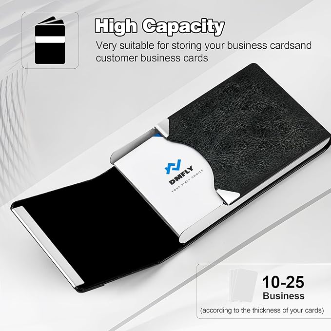 DMFLY Business Card Holder for Women or Men, Business Card Case with PU Leather and Stainless Steel, Slim Metal Case with Magnetic Closure for Business Meeting Use