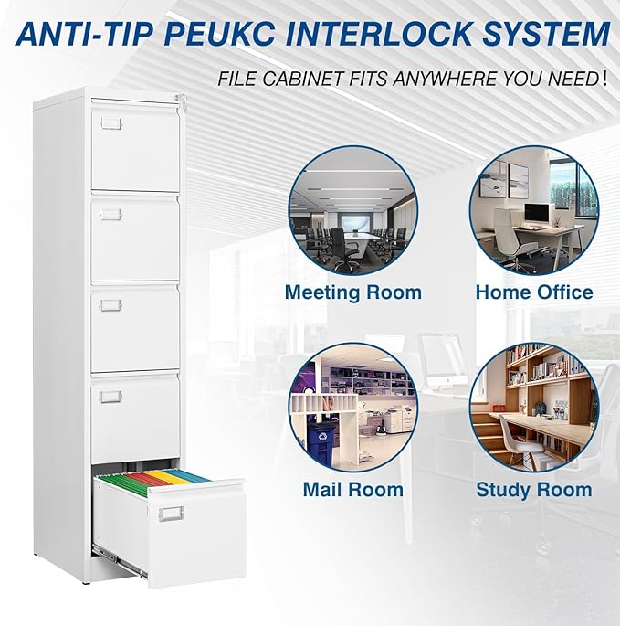 PEUKC 5-Drawer File Cabinet, 16.3" Deep Vertical Metal Filing Cabinet with Lock for Home Office, Anti-Tip 5 Storage Drawers for Letter/Legal/A4/F4 Size (Assemble Required, White)