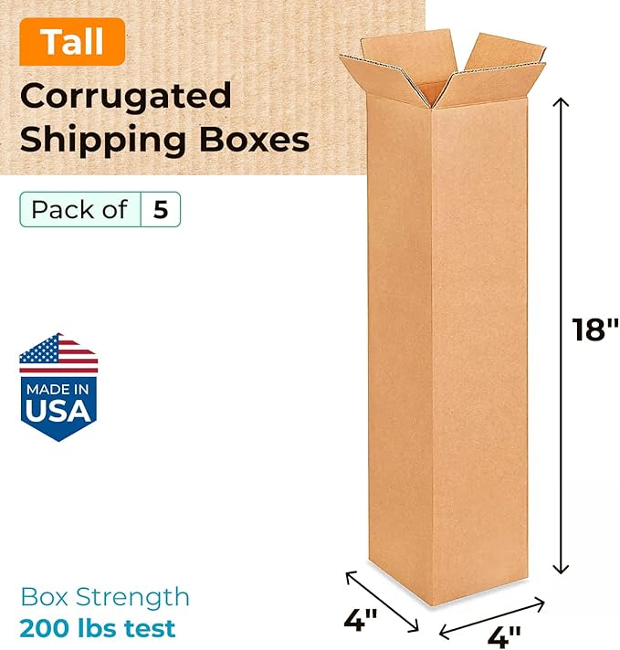 IDL Packaging Tall Corrugated Shipping Boxes 4"L x 4"W x 18"H (Pack of 5) - Excellent Choice of Strong Packing Boxes for USPS, UPS, FedEx Shipping - Easy-to-Recycle Cardboard Boxes