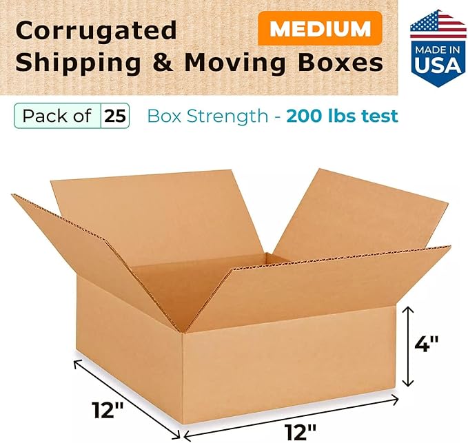 IDL Packaging-B-12124-25 Flat Corrugated Shipping Boxes 12"L x 12”W x 4"H (Pack of 25) - Excellent Choice of Strong Packing Boxes for USPS, UPS, FedEx Shipping