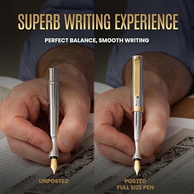 Scriveiner Luxury EDC Fountain Pen (Medium), Stunning Silver Chrome Luxury Pen, Real Gold Plating, Schmidt German Nib, Converter, Writing Gift Set for Men & Women, Nice Fancy Office Designer Pen