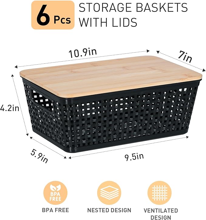 Anywish Storage Bins with Lids 6 Packs, Plastic Storage Bins with Bamboo Lids for Pantry Organization and Storage Containers for Shelves Drawers Desktop Closet Office Home, Black