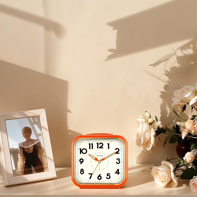 Tinload 5.5" Large Analog Alarm Clock • Silent Non Ticking • Gentle Wake • Beep Sounds • Increasing Volume • Battery Operated Snooze and Manual Light • Retro Orange