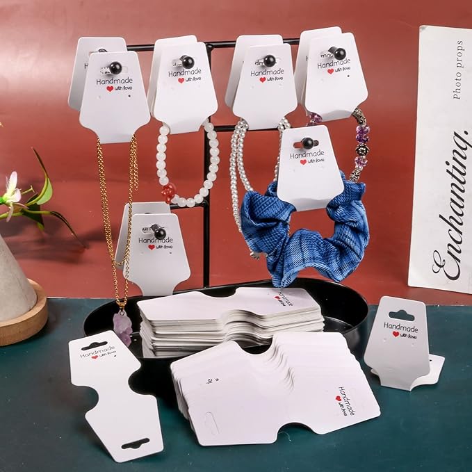 200PCS Necklace Display Cards Self Adhesive Jewelry Packaging Card for Keychain Bracelet Hair Band Fold Over Hanging Holder (White, 1.8x4.7 inches)