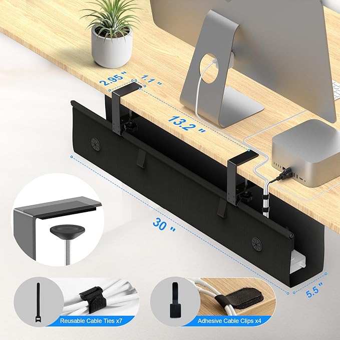 KIGJU Under Desk Cable Management Tray, 30-inch No-Drill Cord Organizer with Anti-Sag Reinforced Base, Fabric Wire Management Hider for Standing Desk, Office & Gaming Accessories - Black