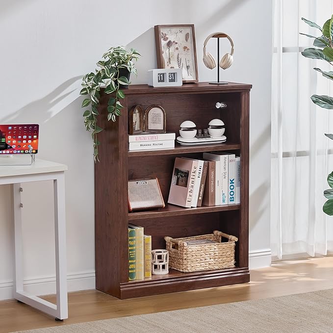 RWYHG 43" Walnut Tall Bookshelf,3-Tier Thick Wooden Book Shelf with Adjustable Shelves,Free Standing Farmhouse Bookcase with Open Display Storage,Floor Vintage Bookshelves for Living Room,Office