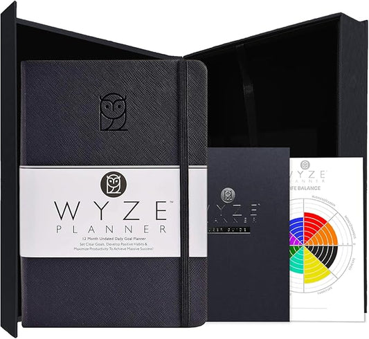 Wyze Planner Undated Daily Planner – 1-Year B5 Productivity Organizer with Two-Page Weekly Spread, Goal Setting, Habit Tracker, Weekly & Monthly Pages – Hardcover Time Management Notebook (Black)